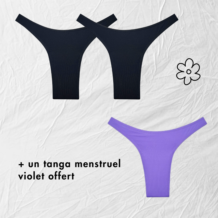 Box 2 tangas menstruels noirs + 1 tanga menstruel violet offert